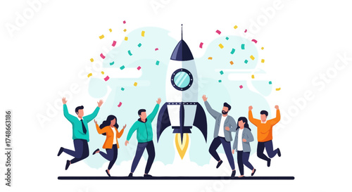 Successful Startup Launch Celebrating with Team and Rocket, Vector Illustration