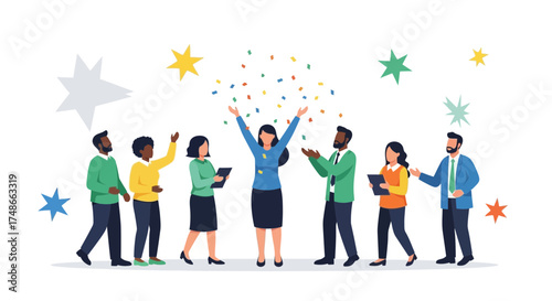 Successful Team Celebrating Achievement with Confetti and Stars Cartoon Illustration