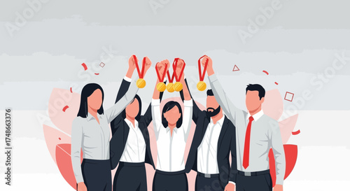Successful Team Celebrating Victory with Medals Depicting Achievement and Excellence