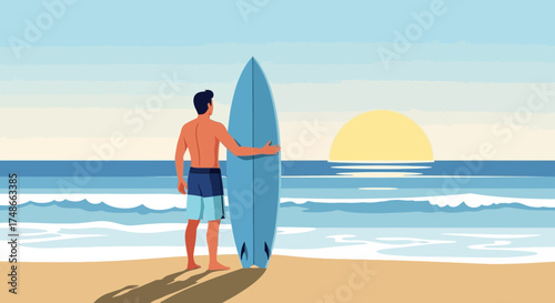 Surfer enjoying the view of the sunset with his surfboard on the beach vector illustration