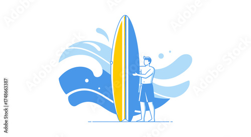 Surfer with Surfboard and Waves: An Illustration of Summer, Beach, and Adventure