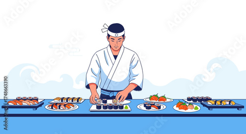 Sushi Chef Artfully Crafting Japanese Delights for Culinary Experience with Delicious Variety