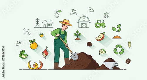 Sustainable Farming Practices Depicted, Farmer Working Ground, Environmentally Friendly Approach