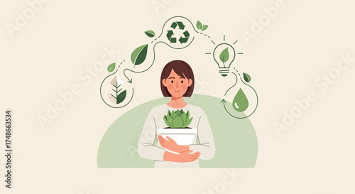 Sustainable living concept with woman holding plant and environment icons illustration