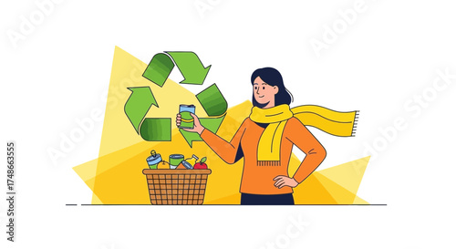 Sustainable Practices: Illustration of a Woman Recycling Waste for Environmental Preservation