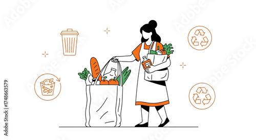Sustainable Shopping: Woman Carries Groceries in Reusable Bags with Eco-Friendly Symbols