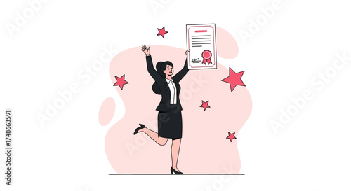 Successful Woman Celebrates Achievement, Holding Certificate, Surrounded By Stars, Winning.