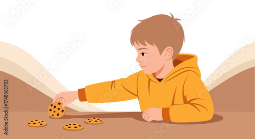 Sweet Treat Selection: A Young Boy Reaches For A Freshly Baked Chocolate Chip Cookie