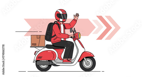Swift Courier Delivers Package, Motorbike Rider Waving, Delivering Happiness And Speed
