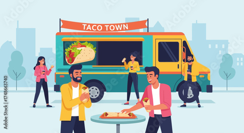 Taco Town: A Vibrant Scene of People Enjoying Delicious Food From A Food Truck