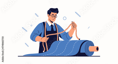 Tailor taking measurements of fabric roll with a measuring tape in workshop illustration