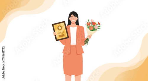 Successful Woman Holding Award and Flowers Celebrating Achievement in Corporate World