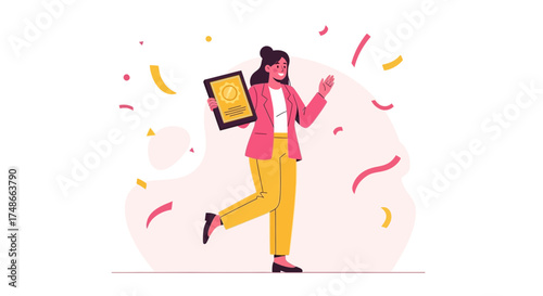 Successful Woman Holding Award Celebrates Accomplishments With Colorful Festive Celebration
