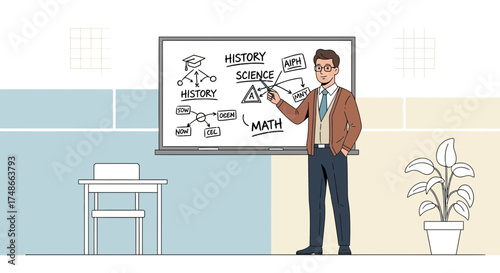 Teacher Explaining Curriculum On Whiteboard Illustrating Learning Concepts in Classroom