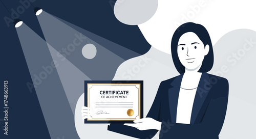 Successful Woman Showcasing Certificate of Achievement Under Stage Lighting