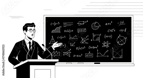 Teacher Presenting Mathematical Equations On A Blackboard During A Lecture