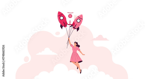 Successful Woman Soaring Through Sky Holding Rocket Balloons In Dreamy Landscape Illustration