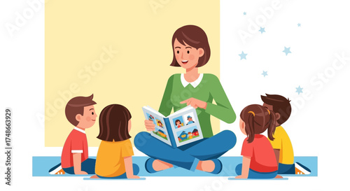 Teacher Narrating Story to Eager Children Engaged in Collaborative Learning Session Perfectly
