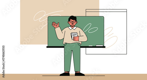 Teacher Presenting Lesson In Classroom With Blackboard And Teaching Illustration Design