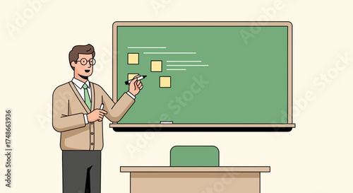 Teacher Presenting on Blackboard Illustrating Learning and Guidance in a Classroom