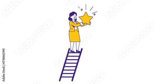 Successful Woman Reaching For The Star: Achieving Goals And Climbing The Career Ladder