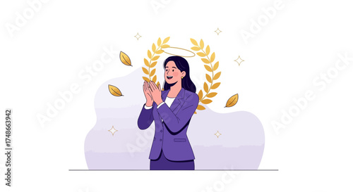 Successful Woman Receives Laurel Wreath of Achievement After Achieving Success and Praise