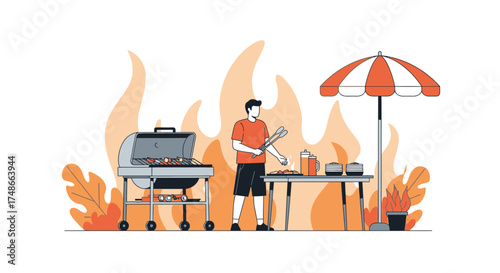 Summer Barbecue And Grilling Illustration With Food And Beverages Preparation
