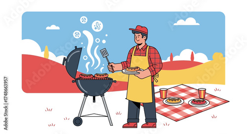 Summer Barbecue: Man Grilling Hot Dogs Outdoors, Enjoying A Sunny Picnic Day
