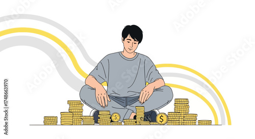 Successful Young Adult Meditating Amidst Piles of Monetary Gold for Financial Growth