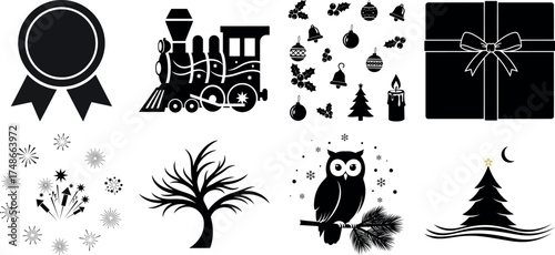 Vector art of assortment of black christmas and winter holiday icons and elements