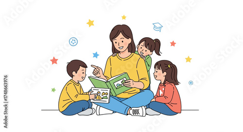 Teacher reading a book to children in an illustration showing education and learning