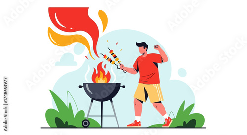 Summer Barbecue with Grilling Activities and Happy Man Preparing Food Outdoors