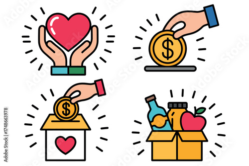 Vector art of charity and donation concept with heart in hands, coin in hand, donation box, and food box