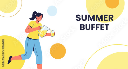 Summer buffet with refreshing lemonade and people preparing for the event illustration