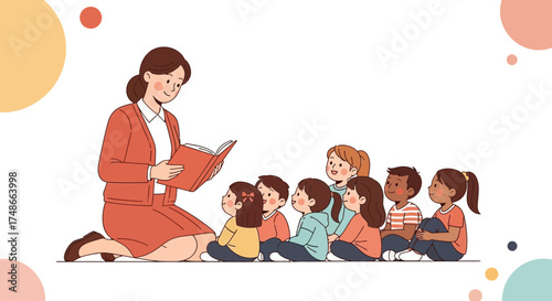 Teacher Reads Stories To Children In A Charming Illustrated Classroom Setting