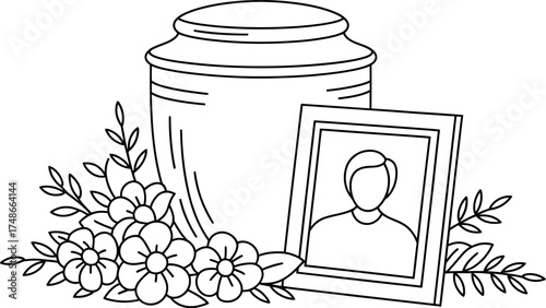 Vector art of memorial urn with flowers and a picture frame, a symbol of remembrance