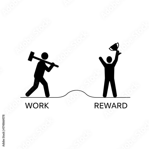 Vector art of work and reward concept stick figures with hammer and trophy