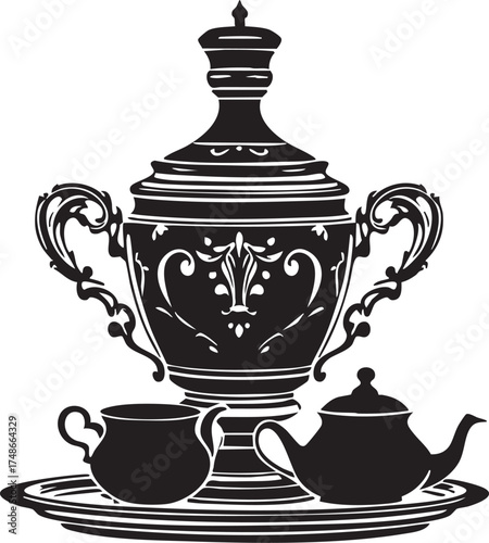 Traditional tea set vector—black-and-white silhouette of ornate samovar, teapot, and jug on tray for vintage hospitality themes