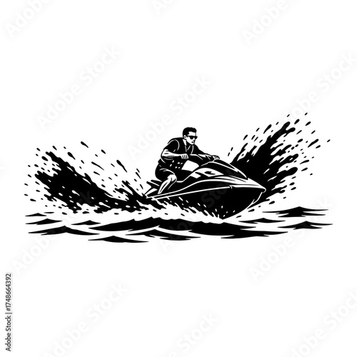 Vector art of man riding jet ski splashing water