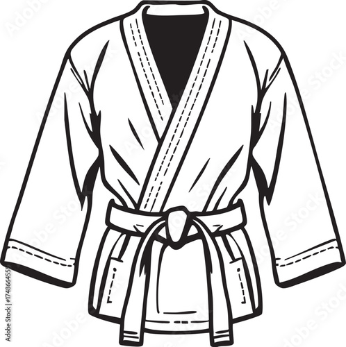 Martial arts gi vector—black-and-white sketch of traditional uniform with belt and stitching for karate, judo, or jiu-jitsu themes