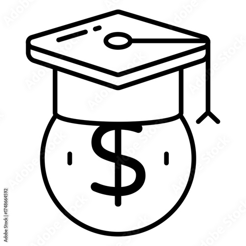 Mortarboard with dollar, linear design icon of educational grant