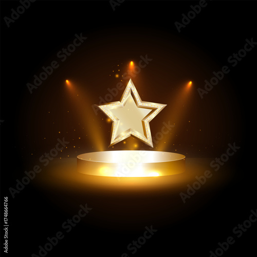 Golden star decorated with sparkling diamonds on a glowing podium under bright spotlights. Luxurious shiny background for awards, jewelry, and celebration concepts