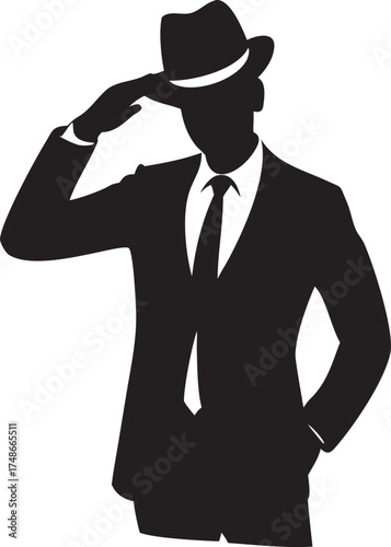 Mysterious silhouette of a man in a suit and fedora tipping his hat