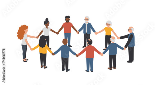 Diverse group holding hands in unity, a symbol of teamwork, global connection, community support and collaboration for a brighter future, originally a scalable graphic