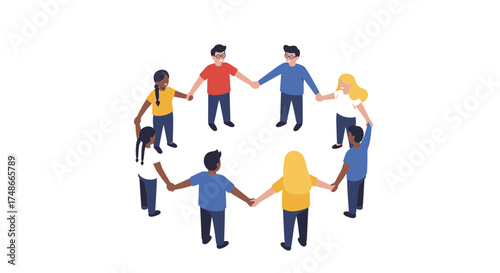 Diverse group of people holding hands in unity, fostering teamwork and connection, creating a strong community bond, symbolizing global harmony and cooperation