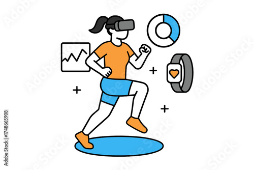 Virtual reality fitness session in a modern training environment with health tracking devices