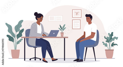 Compassionate therapist offers support and guidance in a calming office setting, creating a safe space for client well-being and mental health growth