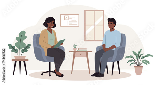 Empathetic therapist providing counseling, offering support and guidance to a young man in a safe space, fostering mental wellness and emotional healing