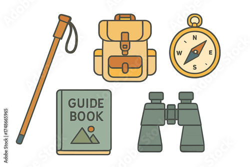 Exploring nature with essential gear including compass, guidebook, binoculars, and backpack