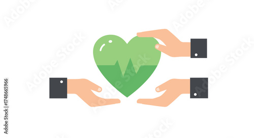 Protecting health and wellness, two hands embrace a heart with a heartbeat line, symbolizing care, support, and the importance of healthcare, originally vector graphics